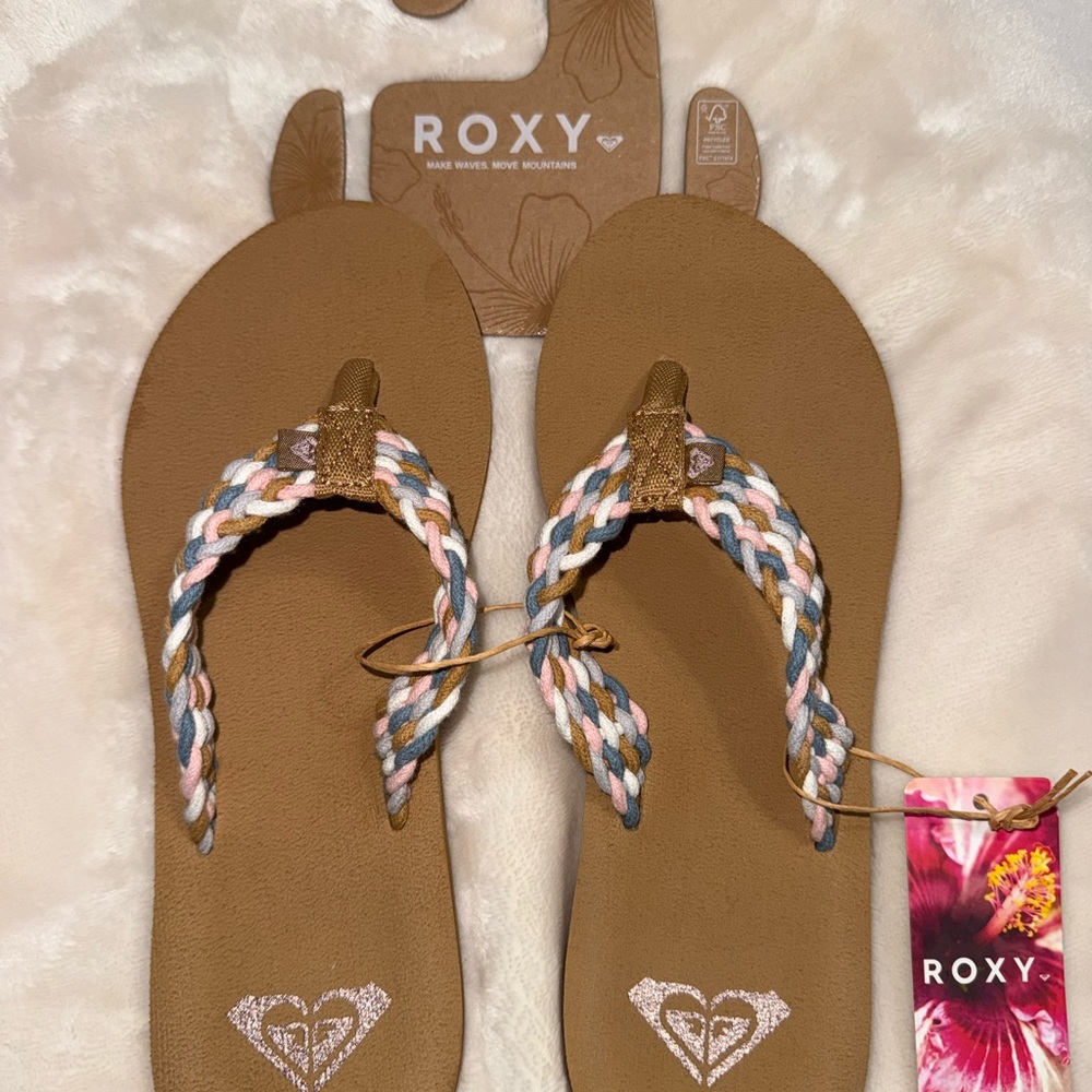 Roxy Porto III Multicolor Braided Flip Flops NWT Sz 9 Wt/Bl/Lt Bl/Pk/Tn - Picture 4 of 7